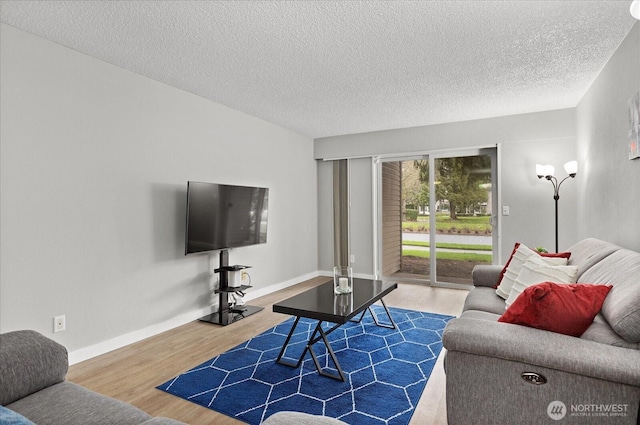 living room featuring a textured ceiling, baseboards, and wood finished floors