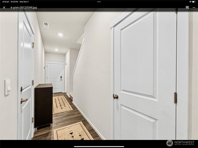 5609 151st Street Ct E, Puyallup, WA 98375 - hallway featuring wood finished floors, baseboards, and recessed lighting