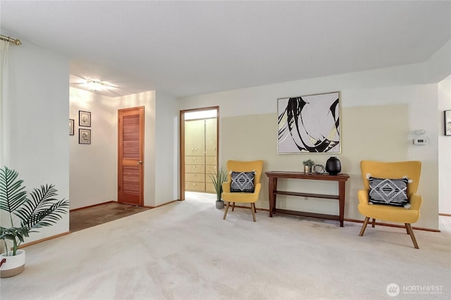 living area featuring baseboards and carpet flooring