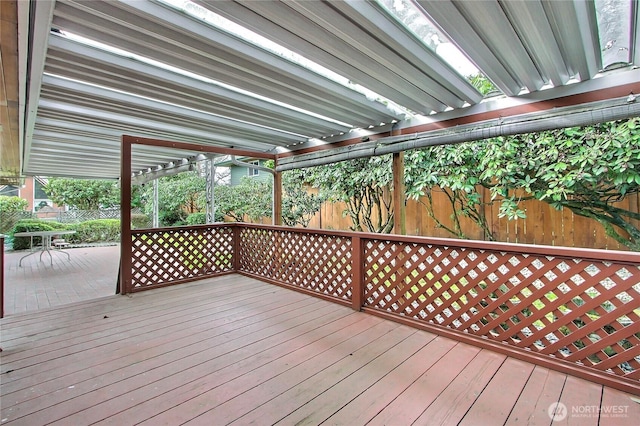 wooden deck featuring a patio area and fence