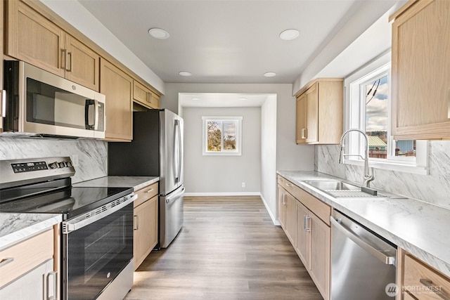 kitchen with a sink, backsplash, appliances with stainless steel finishes, and a healthy amount of sunlight