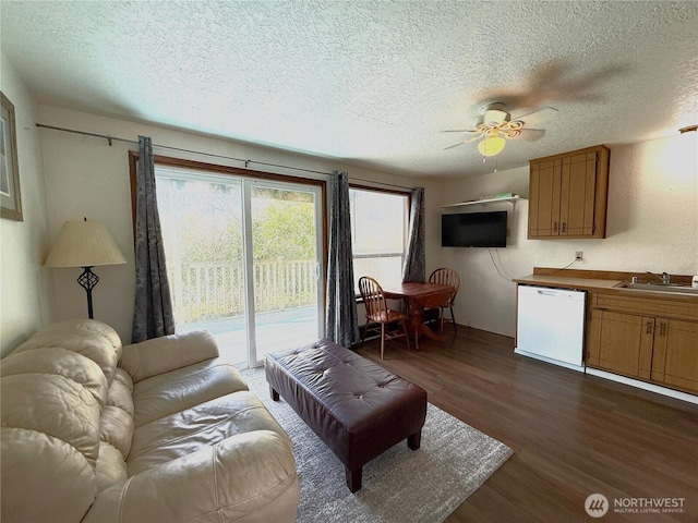 living area with a ceiling fan, dark wood finished floors, and a textured ceiling