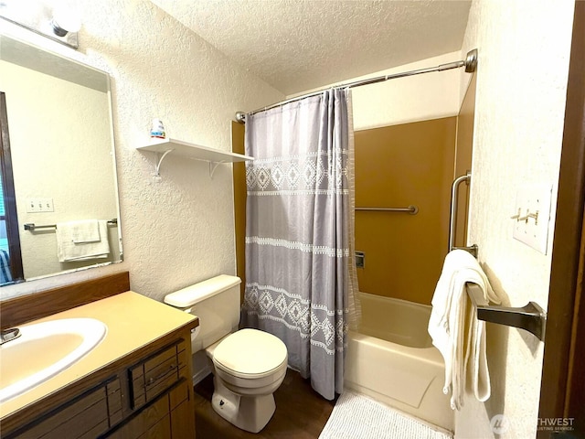 full bath featuring toilet, shower / tub combo with curtain, a textured ceiling, and a textured wall