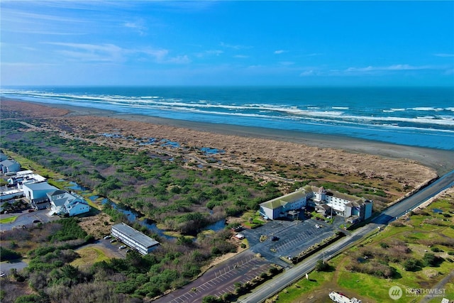 bird's eye view featuring a view of the beach and a water view