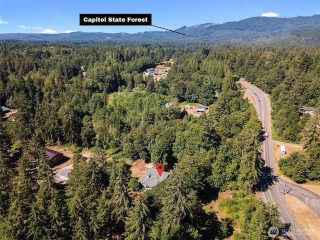 drone / aerial view with a mountain view and a wooded view