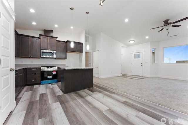 kitchen with appliances with stainless steel finishes, a center island, open floor plan, and dark brown cabinets