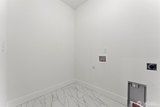 laundry area featuring hookup for an electric dryer, laundry area, washer hookup, baseboards, and marble finish floor