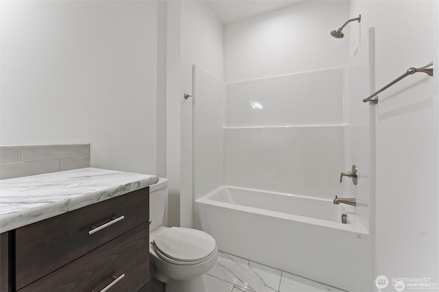 full bathroom featuring marble finish floor, toilet, and bathtub / shower combination