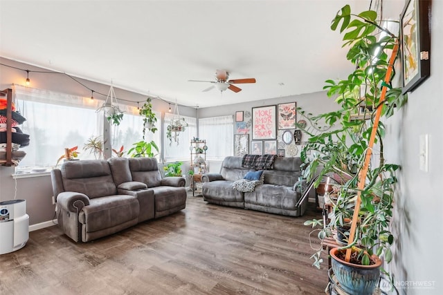 living area with a ceiling fan and wood finished floors