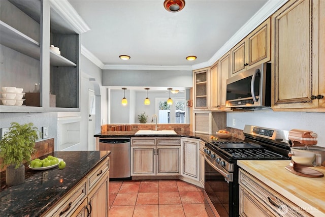 kitchen featuring stainless steel appliances, crown molding, open shelves, a sink, and light tile patterned flooring