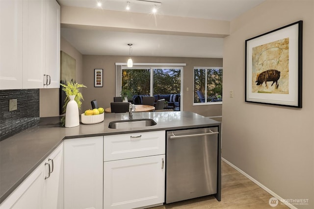 kitchen featuring backsplash, white cabinets, a sink, dishwasher, and a peninsula