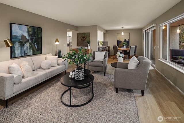 living area featuring baseboards and wood finished floors