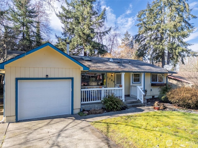 single story home with a garage, covered porch, driveway, and a front yard