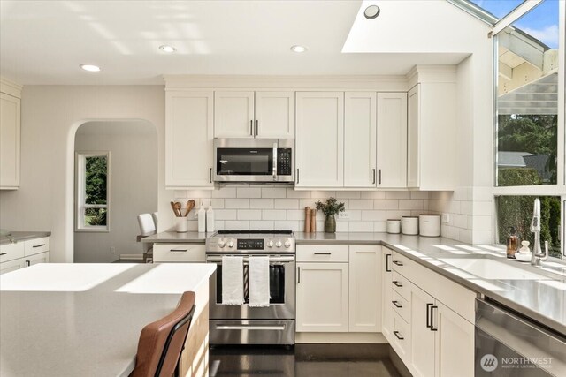 kitchen with a sink, tasteful backsplash, appliances with stainless steel finishes, and white cabinets