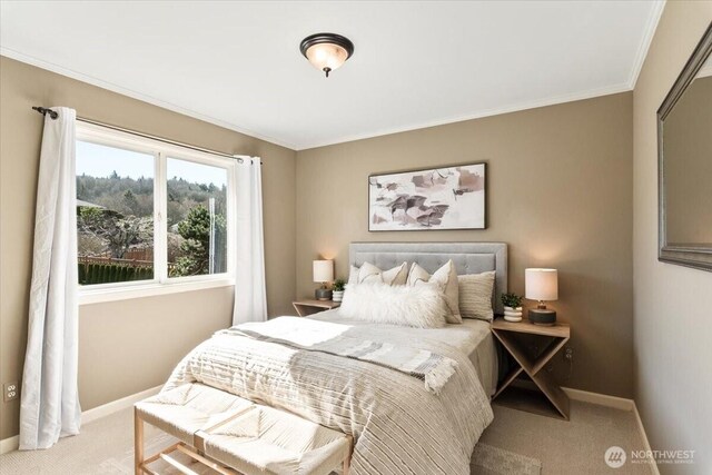 carpeted bedroom with baseboards and ornamental molding