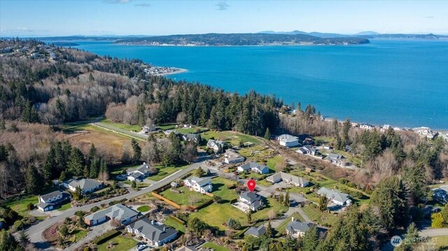 aerial view featuring a water view