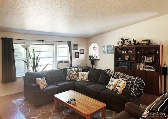 living area featuring lofted ceiling, a textured ceiling, and wood finished floors