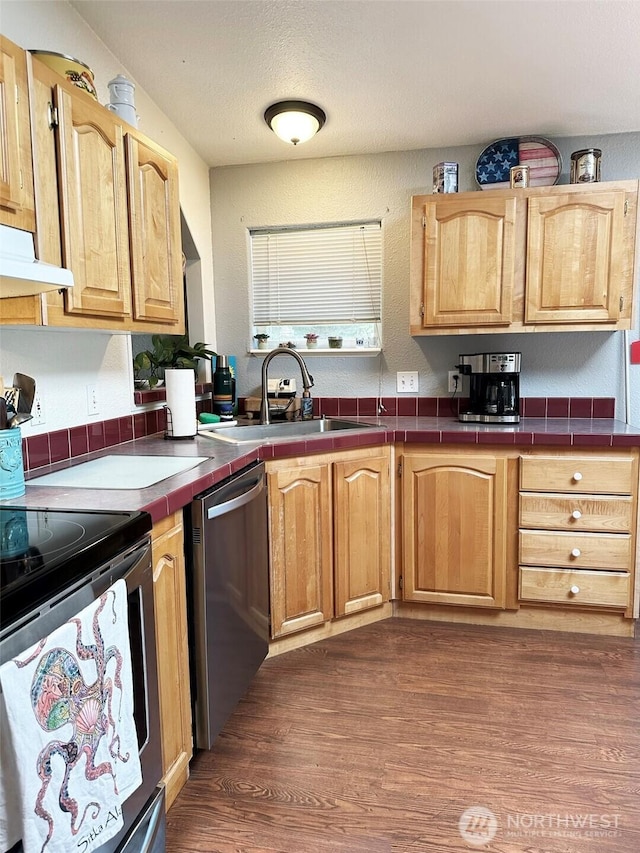 kitchen with dark wood finished floors, tile counters, appliances with stainless steel finishes, a sink, and under cabinet range hood