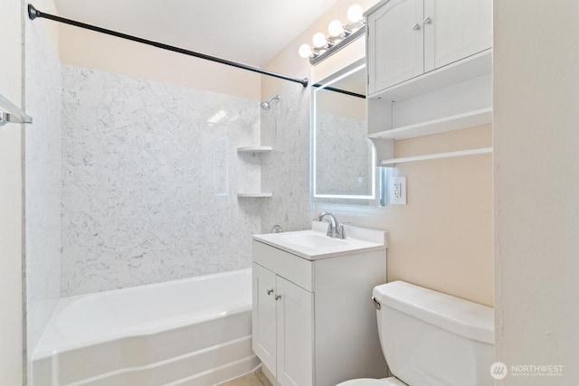 full bath featuring vanity, shower / tub combination, and toilet