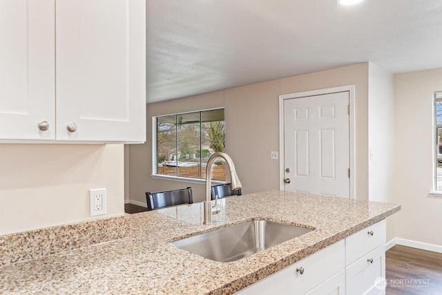 kitchen featuring light stone counters, white cabinets, dark wood finished floors, and a sink