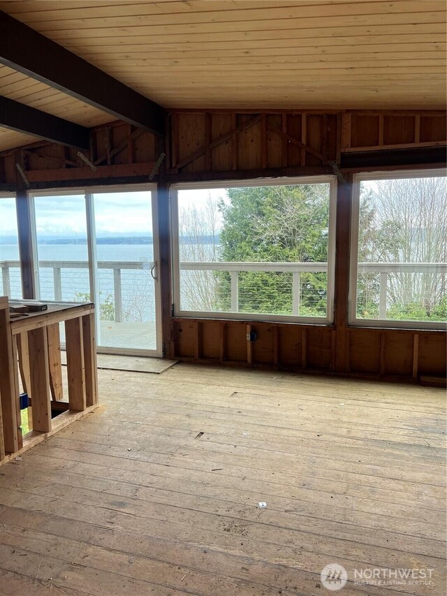 2459 Bretland Rd, Camano Island, WA 98282 - unfurnished sunroom with wooden ceiling and vaulted ceiling with beams
