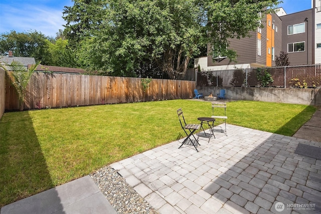 view of yard featuring a patio area and a fenced backyard