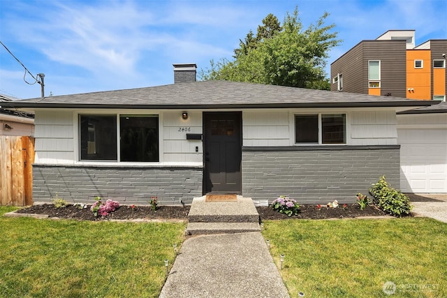 single story home with a garage, a shingled roof, a chimney, fence, and a front yard