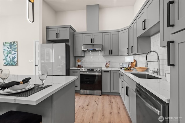 kitchen featuring gray cabinets, appliances with stainless steel finishes, a sink, light wood-type flooring, and under cabinet range hood