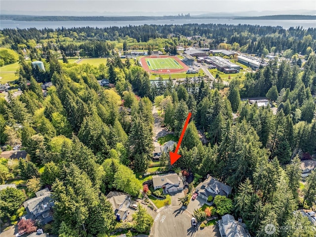 9418 NE Tidal Ct, Bainbridge Island, WA 98110 - bird's eye view with a water view and a view of trees