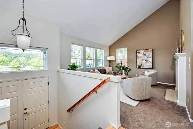 9418 NE Tidal Ct, Bainbridge Island, WA 98110 - entryway with carpet floors, high vaulted ceiling, and baseboards