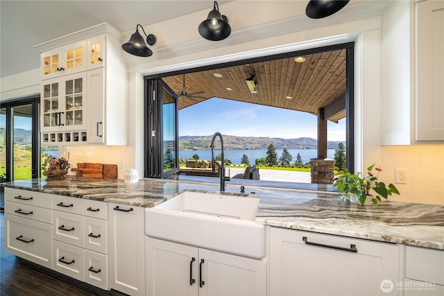 bar featuring a water view, dark wood-style floors, decorative backsplash, and a sink