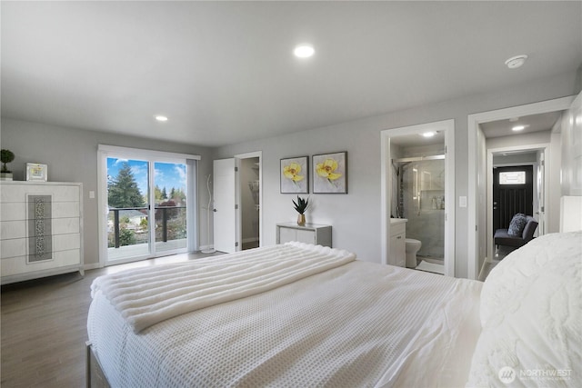 bedroom featuring access to outside, multiple windows, wood finished floors, and recessed lighting