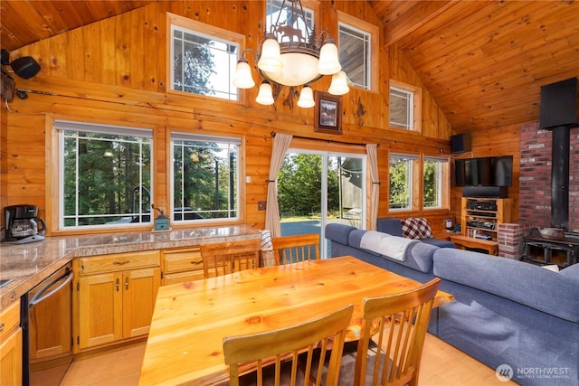 dining room with wooden walls, wooden ceiling, a wood stove, light wood-style floors, and high vaulted ceiling