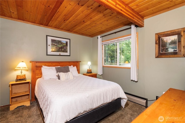 carpeted bedroom with beamed ceiling, baseboard heating, and wood ceiling