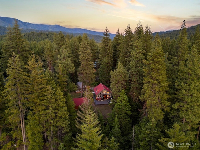 aerial view at dusk with a mountain view and a forest view