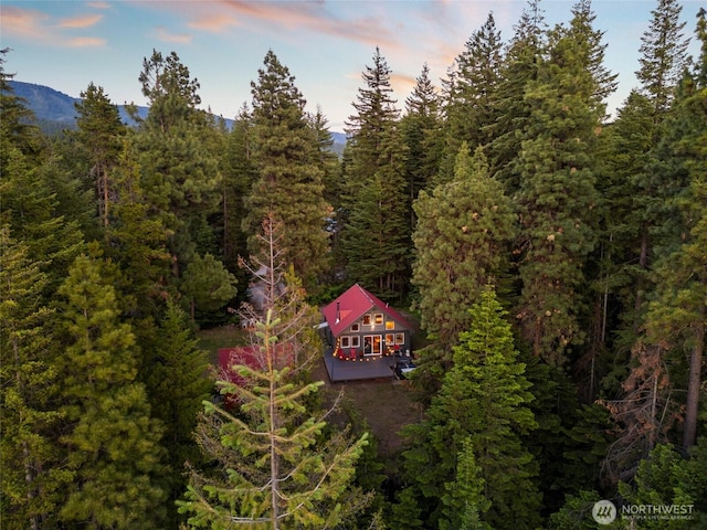 birds eye view of property featuring a forest view