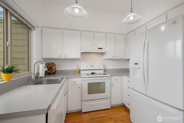 kitchen with ornamental molding, white cabinetry, a sink, white appliances, and under cabinet range hood