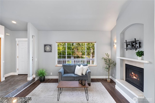 living room featuring a fireplace, baseboards, and wood finished floors