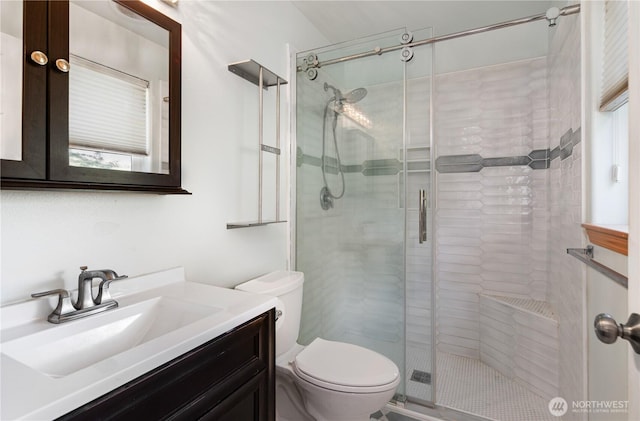 full bath featuring toilet, a stall shower, and vanity