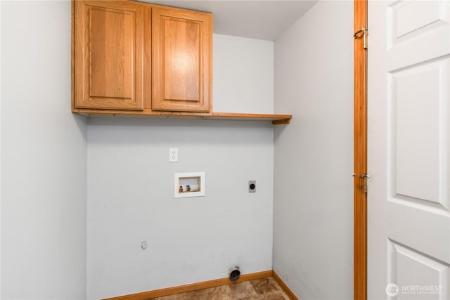 laundry room featuring washer hookup, cabinet space, electric dryer hookup, and baseboards