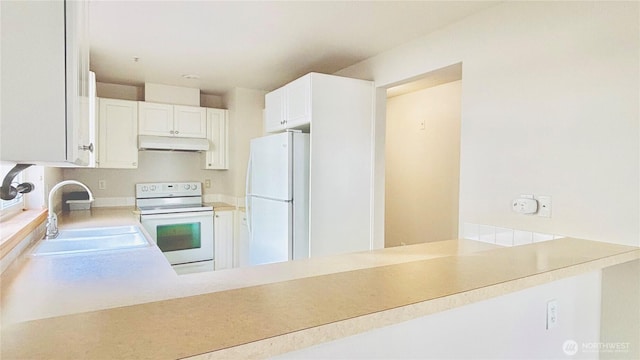 kitchen featuring light countertops, white cabinetry, a sink, white appliances, and under cabinet range hood