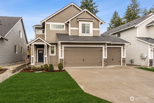 craftsman inspired home with an attached garage, stone siding, concrete driveway, and a front yard