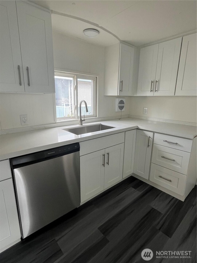 3504 Seattle Hill Rd Unit 13, Bothell, WA 98012 - kitchen with white cabinets, dishwasher, dark wood-type flooring, light countertops, and a sink