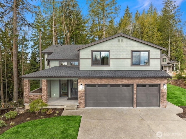 view of front of property with a shingled roof, concrete driveway, stone siding, an attached garage, and a porch