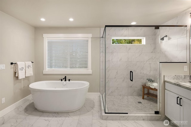 full bathroom with a stall shower, baseboards, marble finish floor, a freestanding bath, and recessed lighting