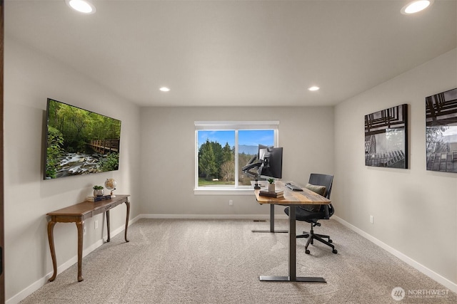 carpeted office space with recessed lighting and baseboards