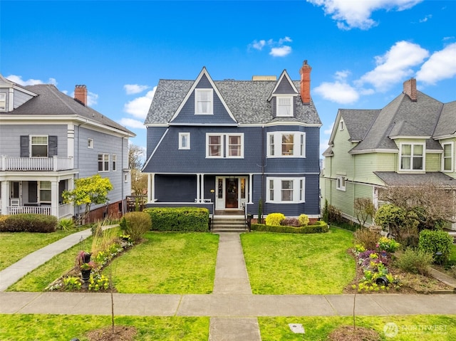 shingle-style home with covered porch, a chimney, a front lawn, and roof with shingles