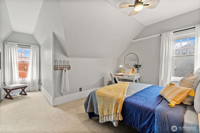 bedroom featuring lofted ceiling, carpet floors, ceiling fan, and baseboards