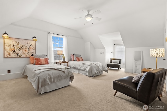 bedroom with carpet floors, lofted ceiling, baseboards, and a ceiling fan