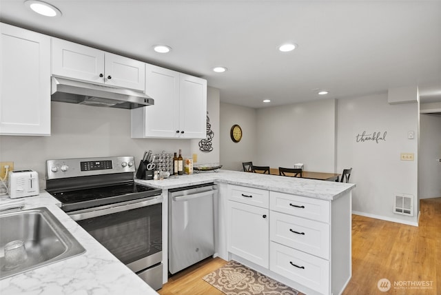 kitchen with visible vents, appliances with stainless steel finishes, white cabinetry, a peninsula, and under cabinet range hood